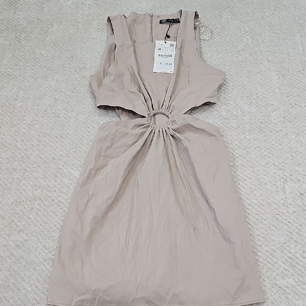 Zara Tan Backless Sheath Dress Sleeveless Crew Neck for Casual
